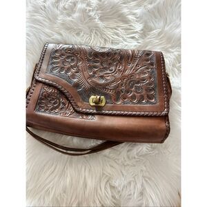 VTG Hand Tooled Leather Purse Hand Bag Brown Floral SouthWestern Beautiful